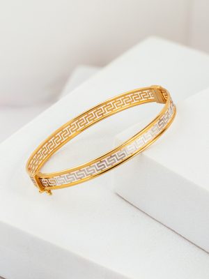 18k Duotone Greek Line Patterned Cutout Bangle
